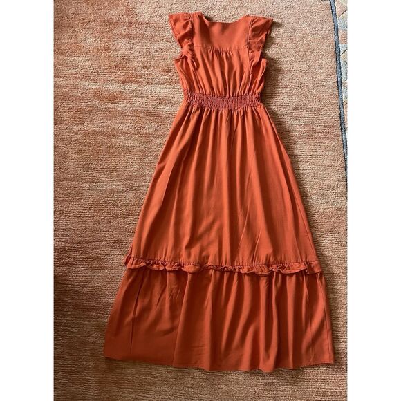 Monteau Los Angeles Orange Maxi Dress Linen Blend Ruffle Hem Size S - Picture 10 of 10